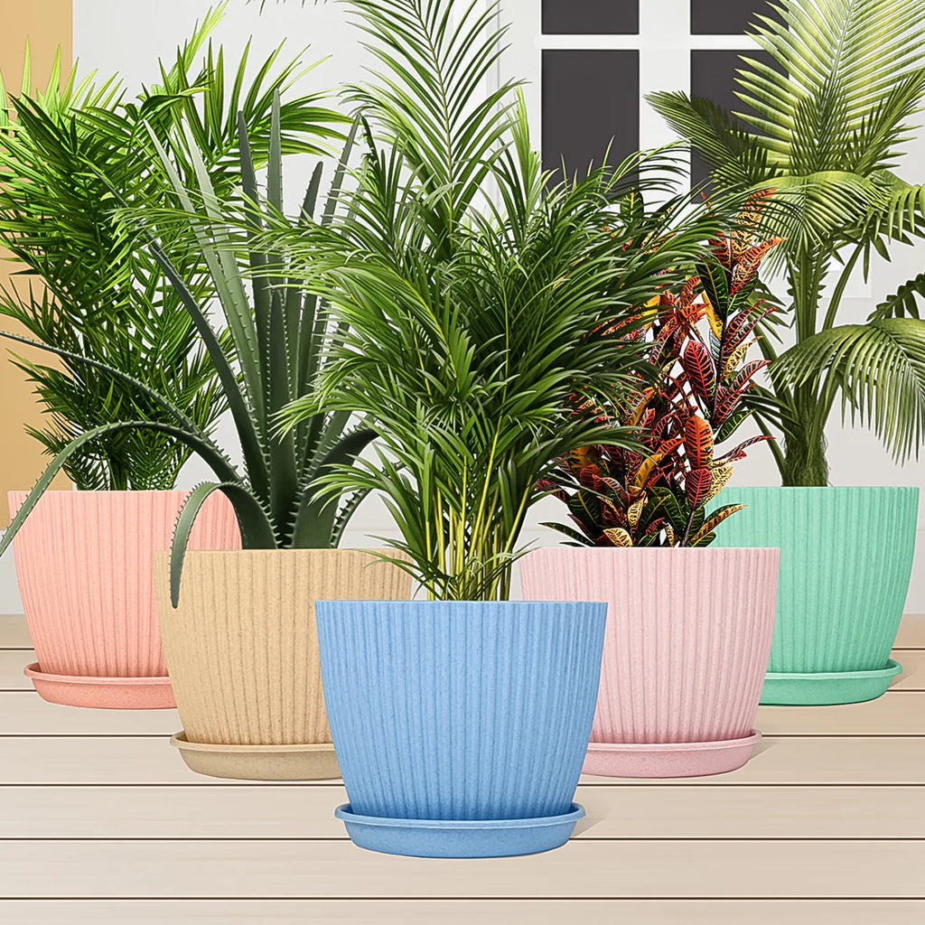 Plastic Flower Pot Set – 5 Durable Planters with Trays