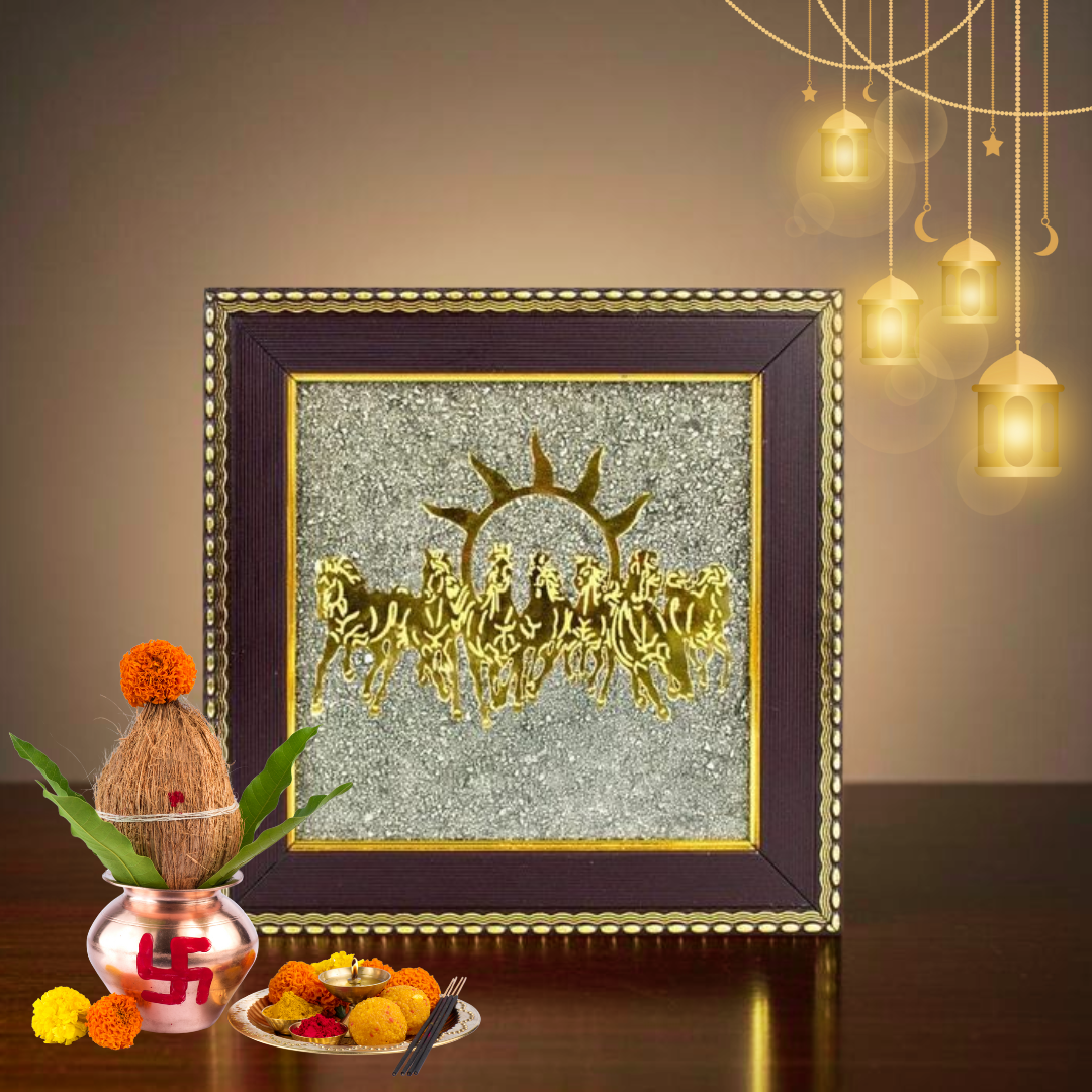 7 Horses Raw Pyrite Frame for Success & Wealth | Vastu-Approved Seven Horses with Natural Pyrite Stones for Career Growth