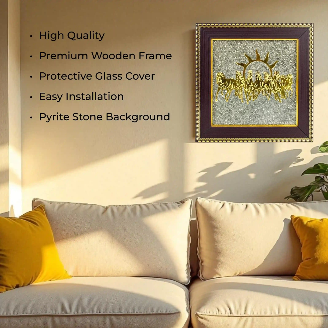 7 Horses Raw Pyrite Frame for Success & Wealth | Vastu-Approved Seven Horses with Natural Pyrite Stones for Career Growth