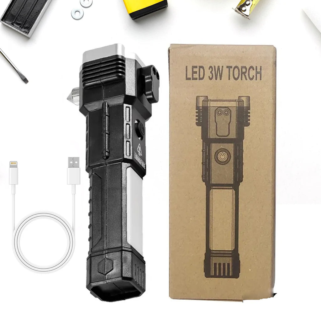Indo Glow Rechargeable LED Torch – Emergency Hammer & Glass Cutter