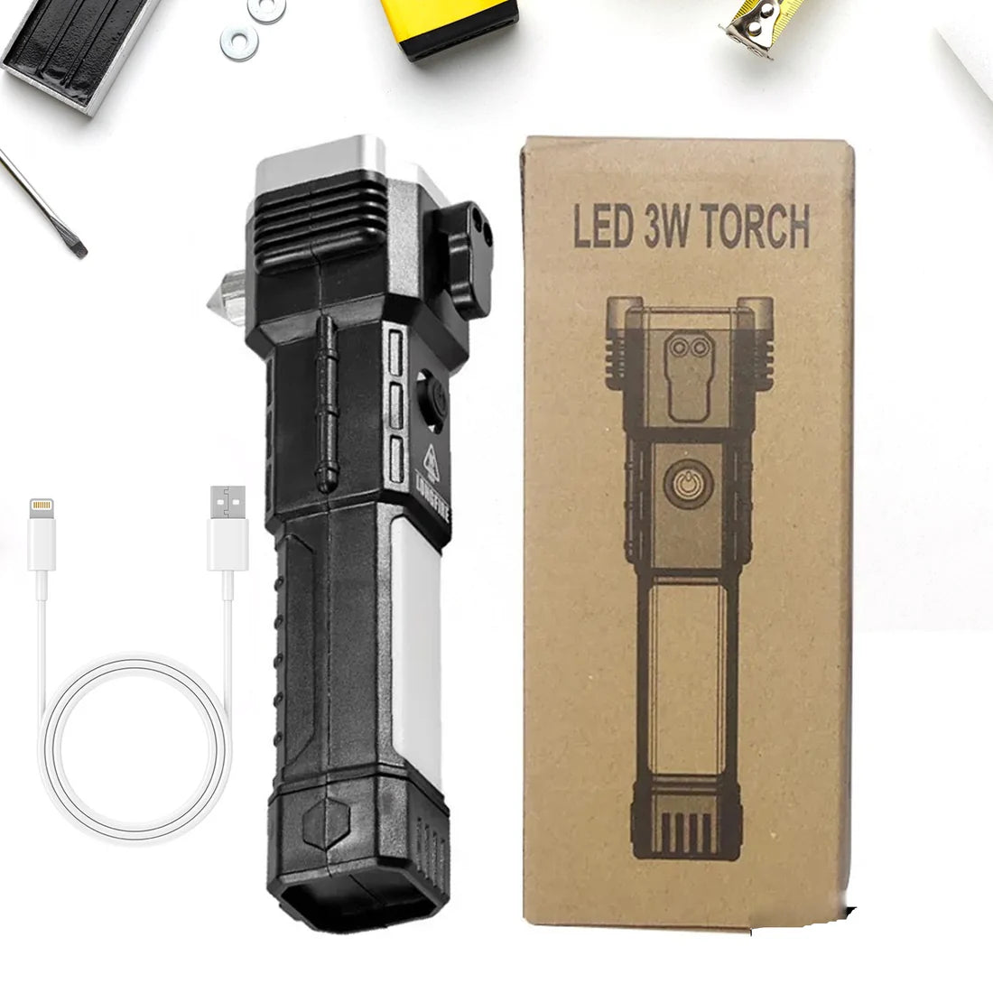 Indo Glow Rechargeable LED Torch – Emergency Hammer & Glass Cutter