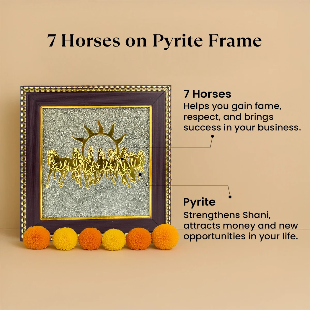 7 Horses Raw Pyrite Frame for Success & Wealth | Vastu-Approved Seven Horses with Natural Pyrite Stones for Career Growth