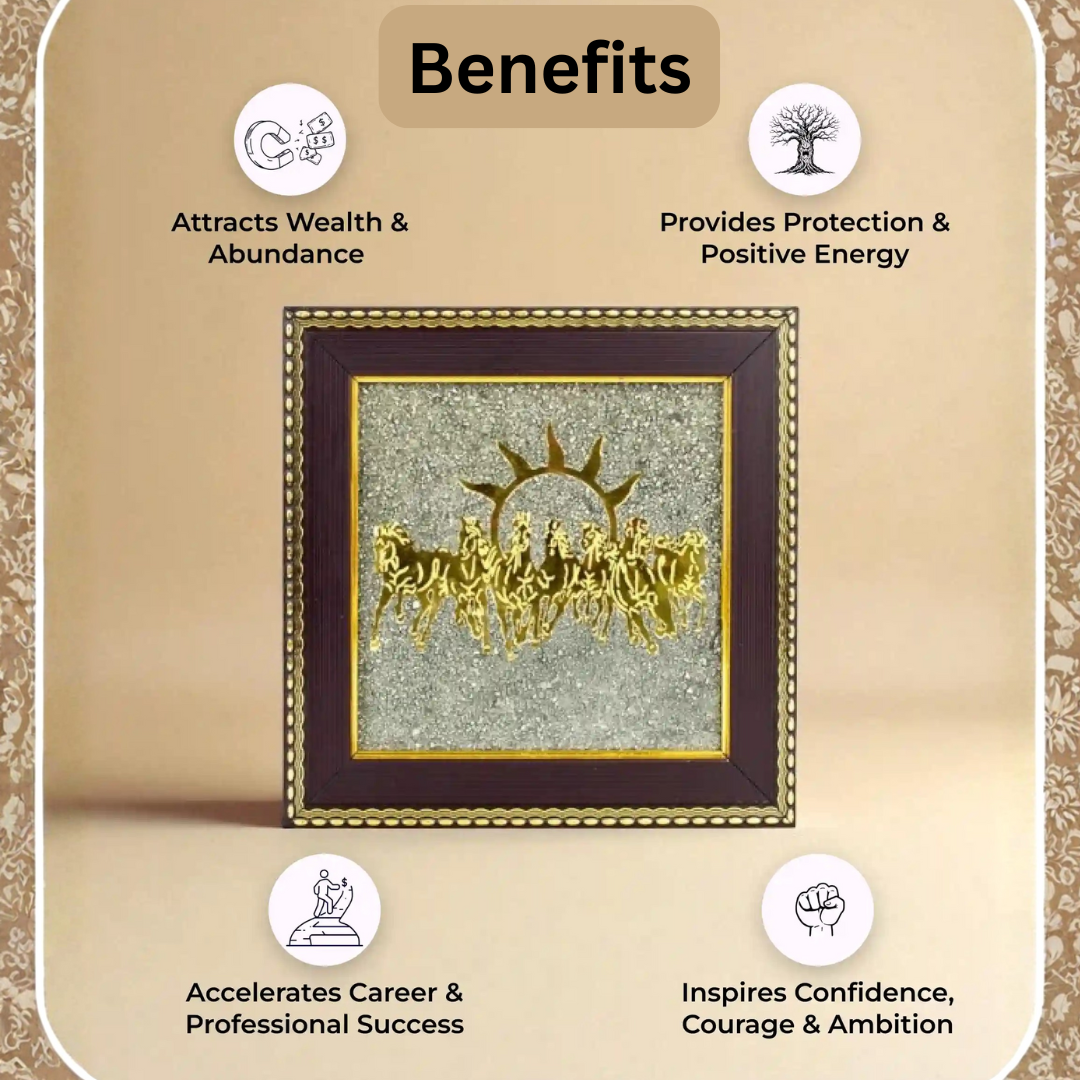 7 Horses Raw Pyrite Frame for Success & Wealth | Vastu-Approved Seven Horses with Natural Pyrite Stones for Career Growth