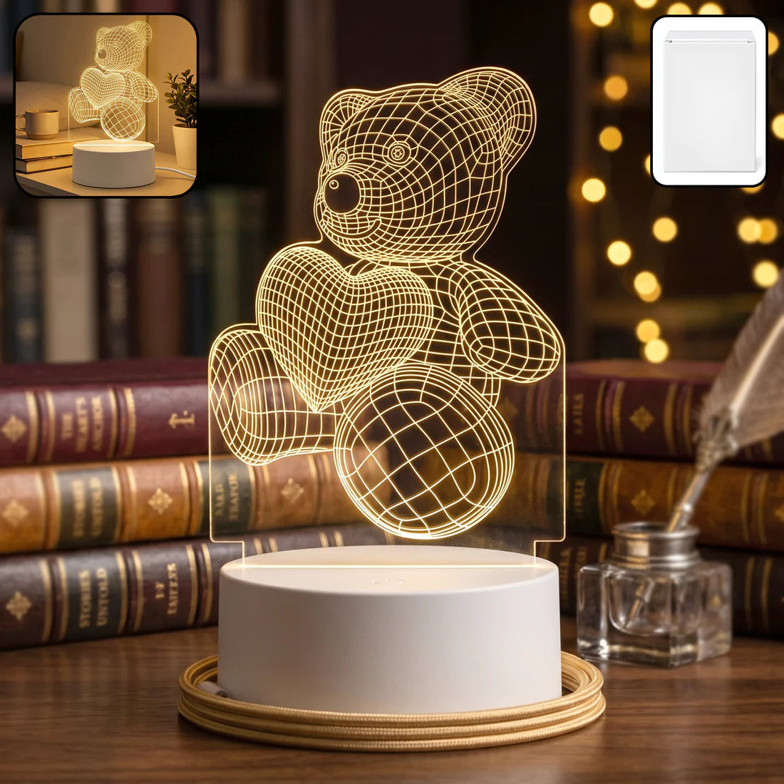 3D Teddy Bear Night Lamp with Heart – LED Illusion Table Lamp