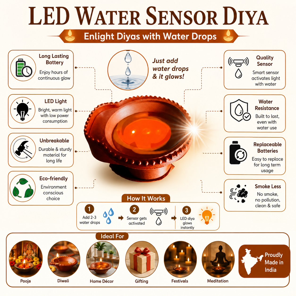 “LED Water Sensor Diya  | Flameless Decorative Lights for Pooja & Festivals”