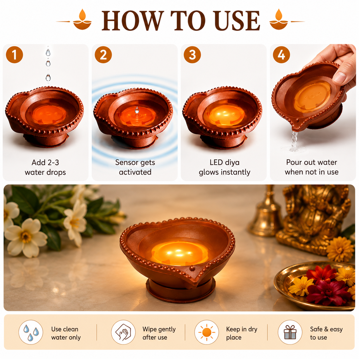 “LED Water Sensor Diya  | Flameless Decorative Lights for Pooja & Festivals”