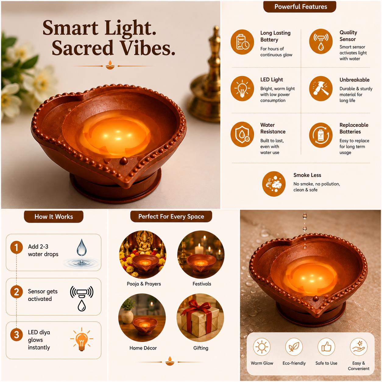 “LED Water Sensor Diya  | Flameless Decorative Lights for Pooja & Festivals”
