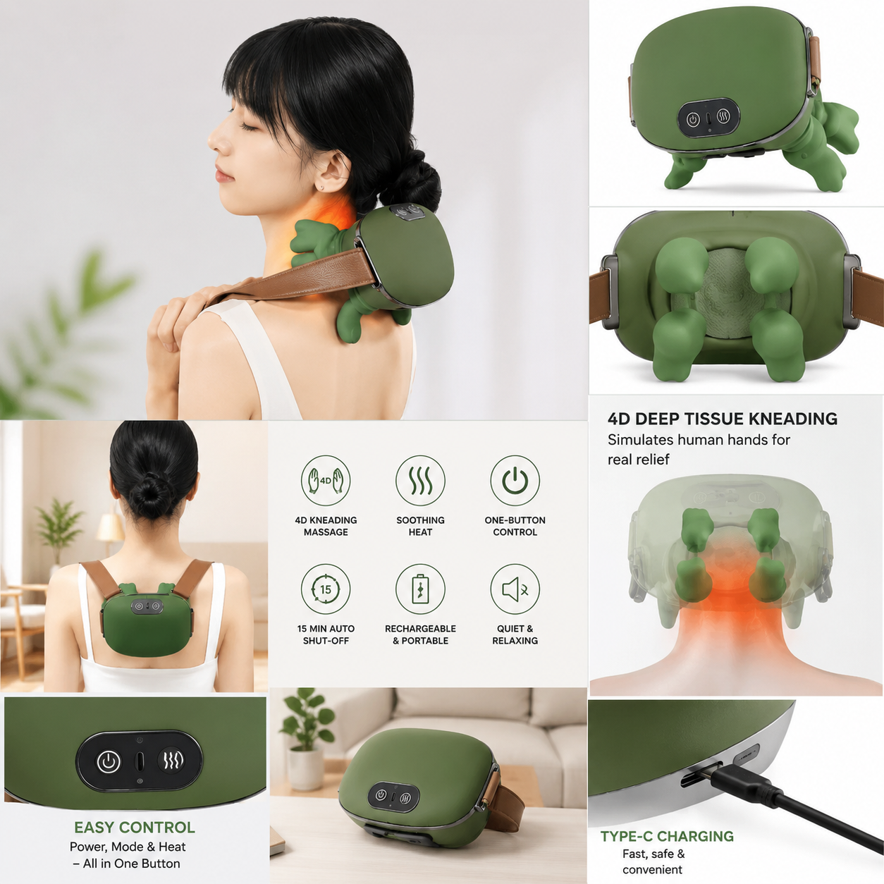 Neck & Shoulder Massager – Rechargeable Kneading with Heat Therapy