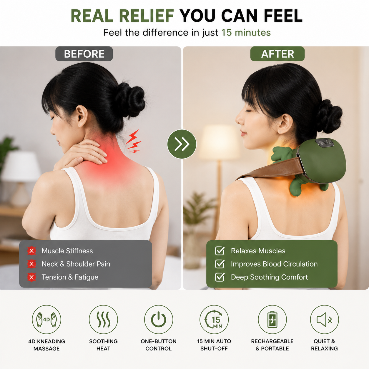 Neck & Shoulder Massager – Rechargeable Kneading with Heat Therapy