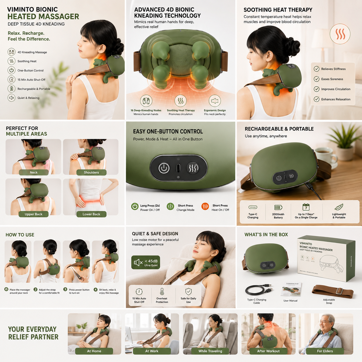 Neck & Shoulder Massager – Rechargeable Kneading with Heat Therapy