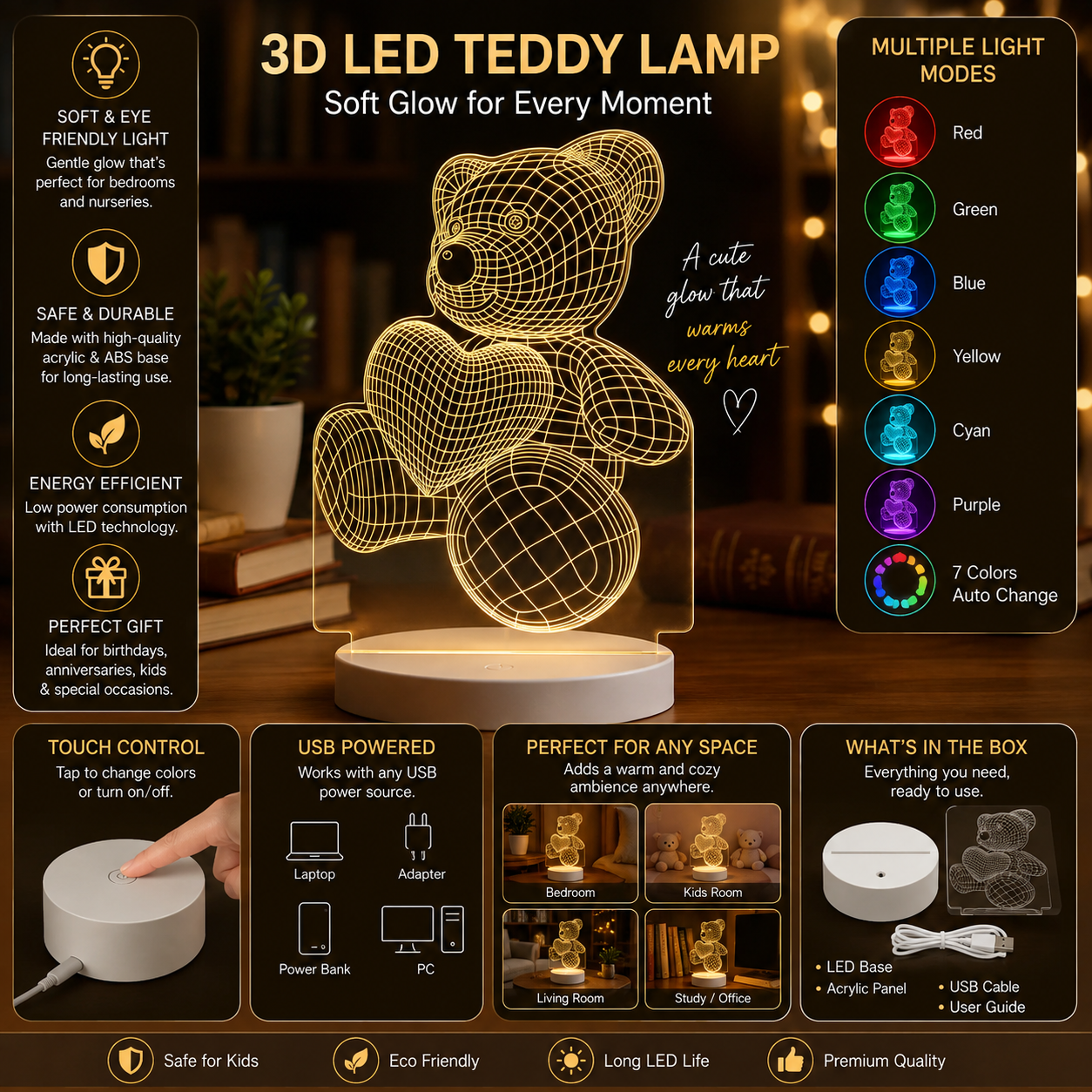 3D Teddy Bear Night Lamp with Heart – LED Illusion Table Lamp