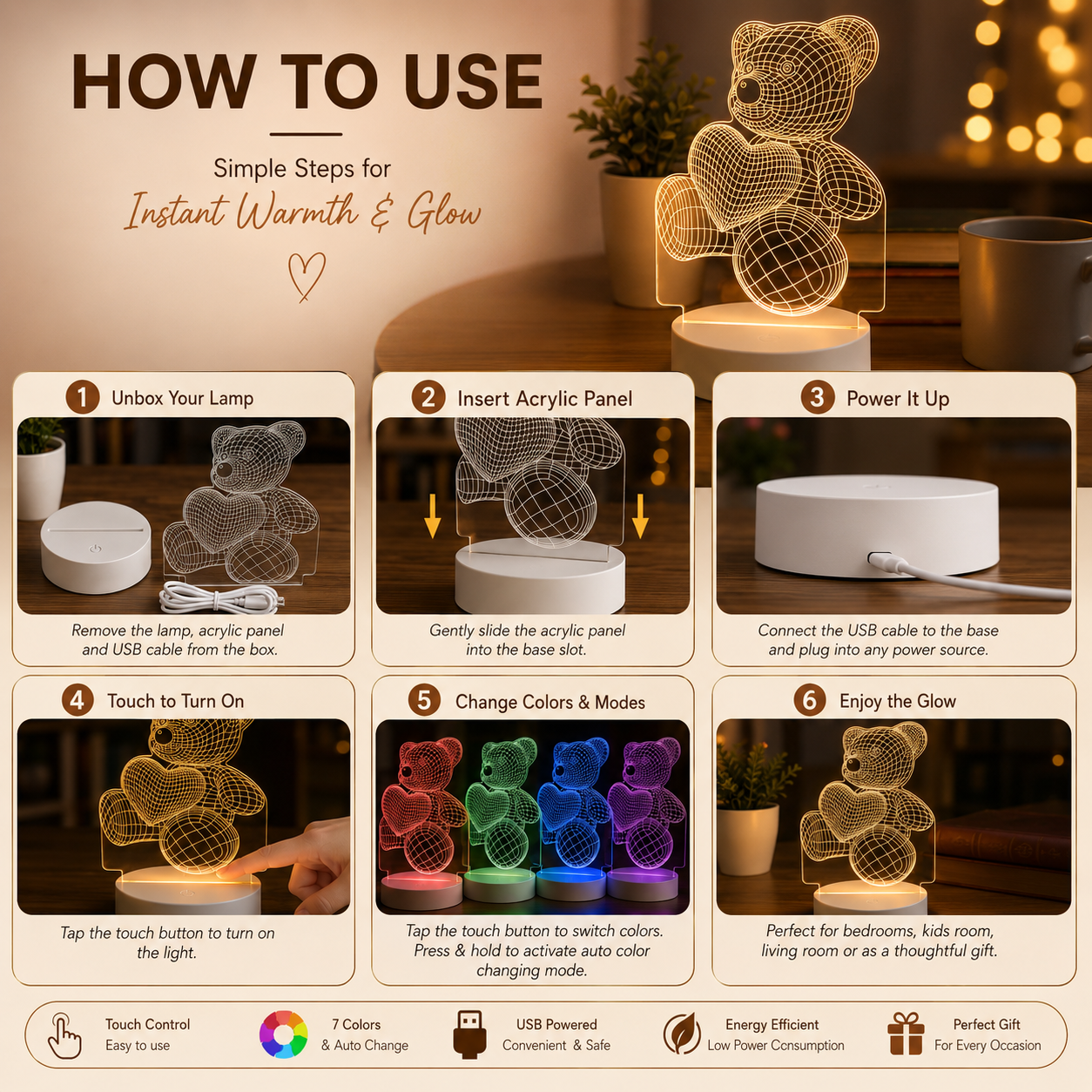 3D Teddy Bear Night Lamp with Heart – LED Illusion Table Lamp
