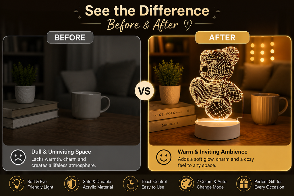3D Teddy Bear Night Lamp with Heart – LED Illusion Table Lamp