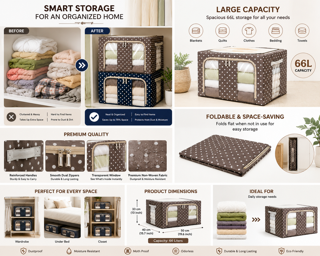 Clothes Organizer for Wardrobe, for Clothes with Zip - 66 Litre