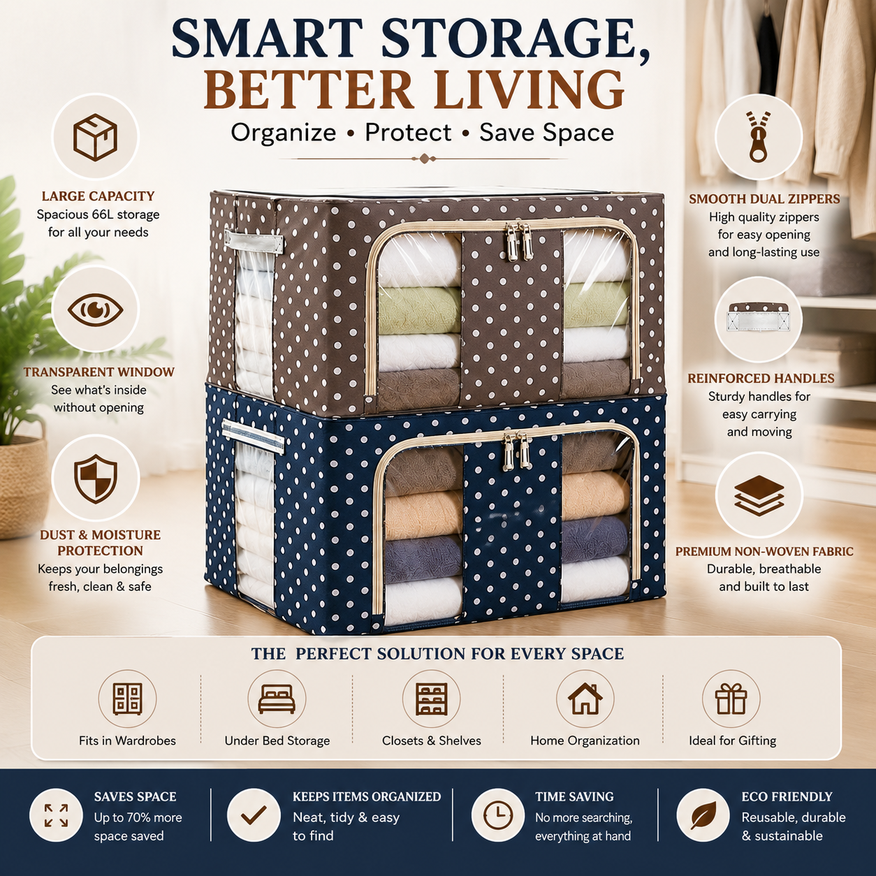 Clothes Organizer for Wardrobe, for Clothes with Zip - 66 Litre