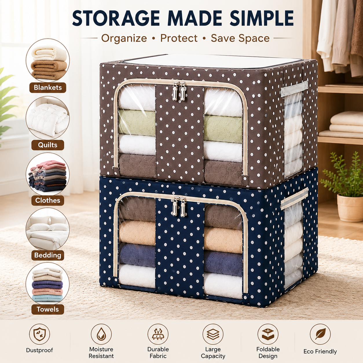 Clothes Organizer for Wardrobe, for Clothes with Zip - 66 Litre