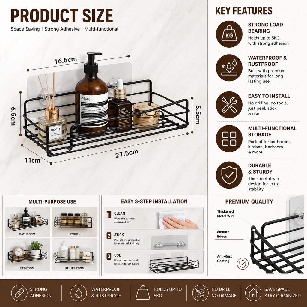 InstaMount Pro | Self-Adhesive Metal Wall Shelf — No Drill, No Nails, No Damage | Free COD