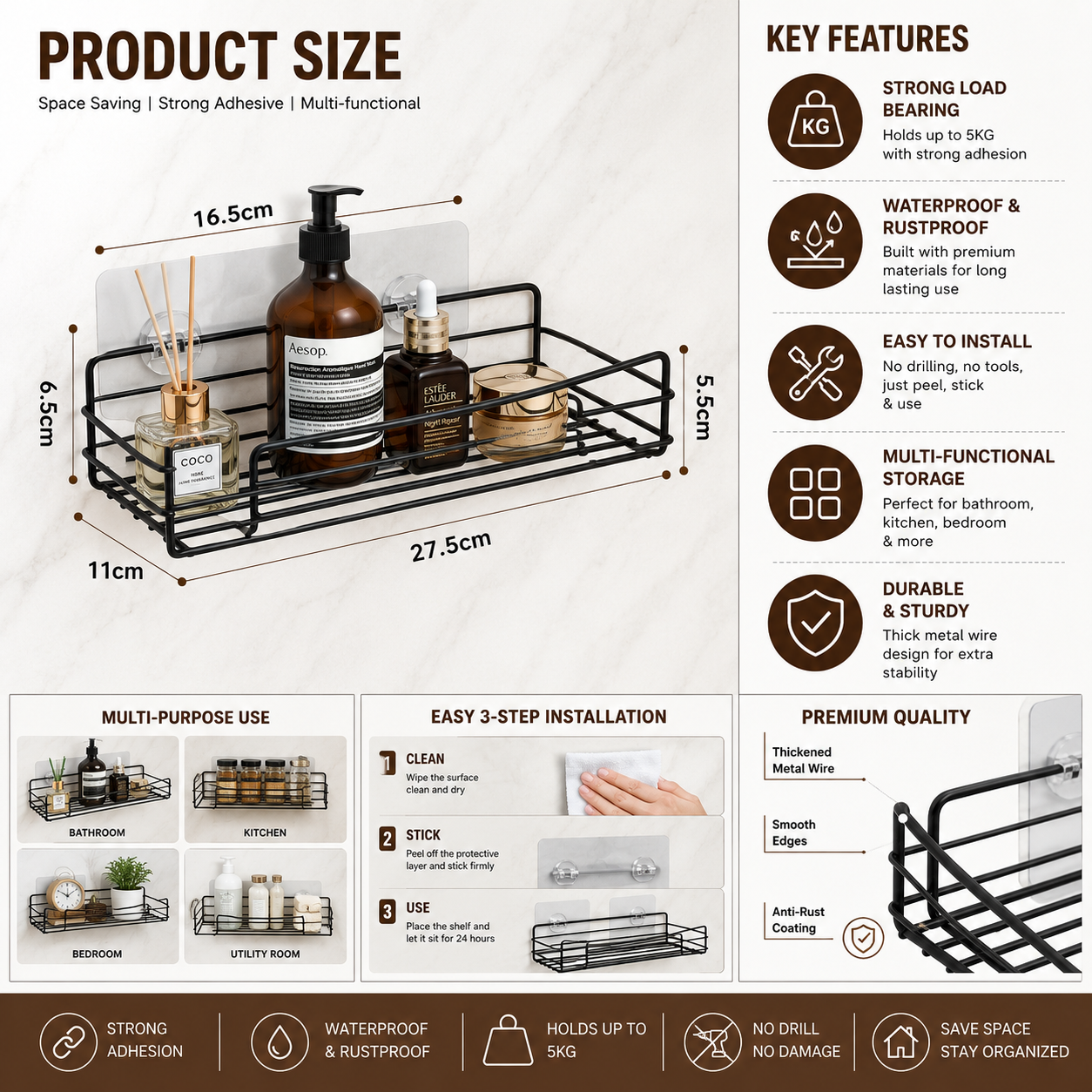 InstaMount Pro | Self-Adhesive Metal Wall Shelf — No Drill, No Nails, No Damage | Free COD