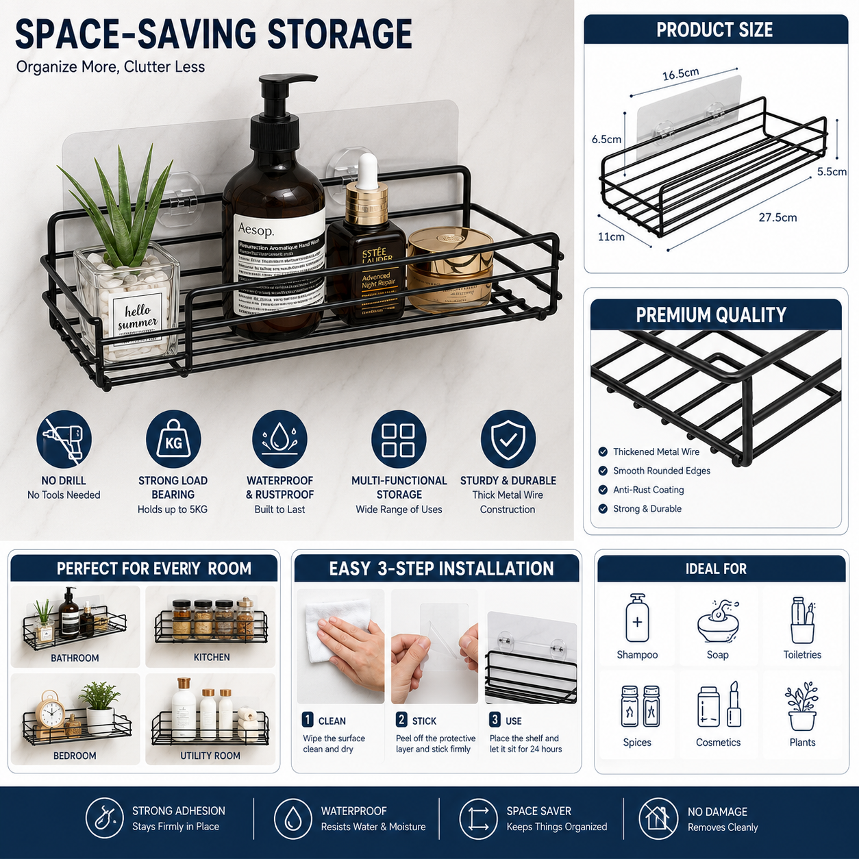 InstaMount Pro | Self-Adhesive Metal Wall Shelf — No Drill, No Nails, No Damage | Free COD