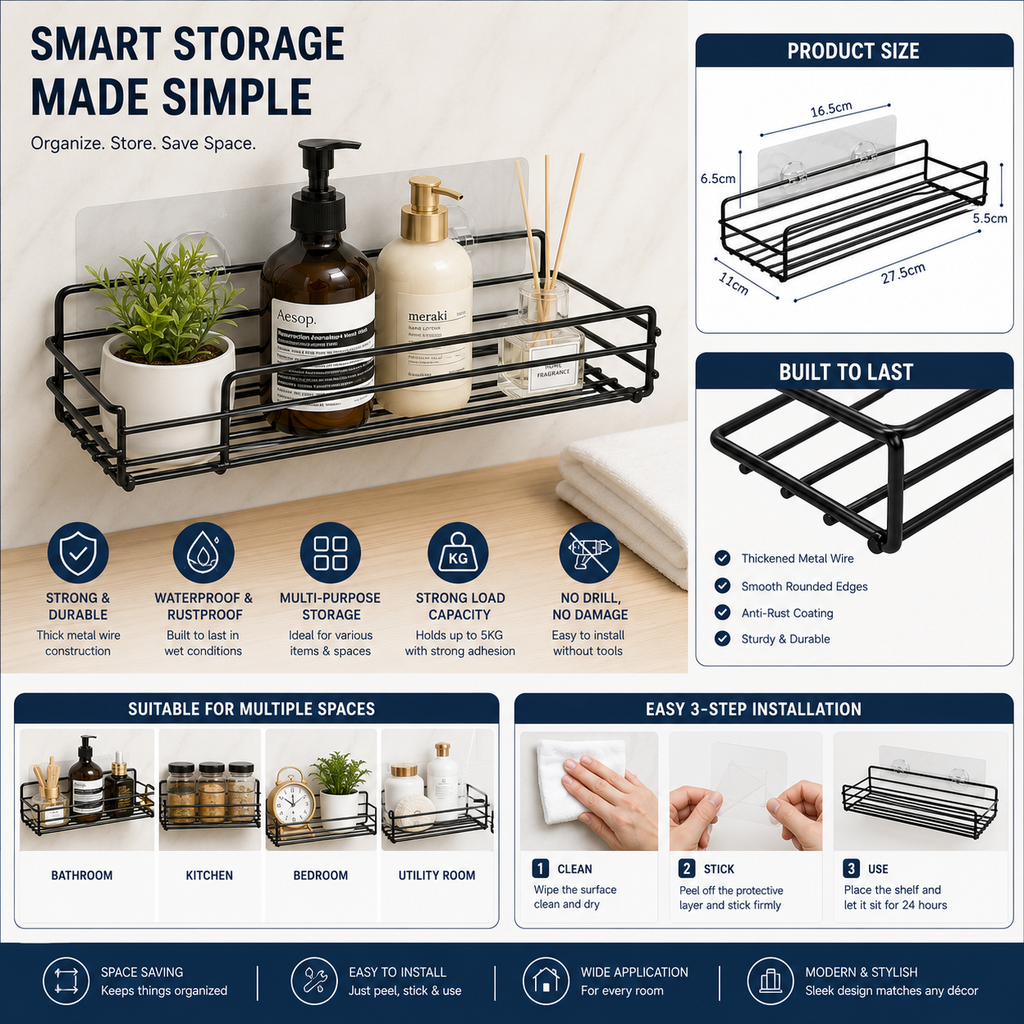 InstaMount Pro | Self-Adhesive Metal Wall Shelf — No Drill, No Nails, No Damage | Free COD