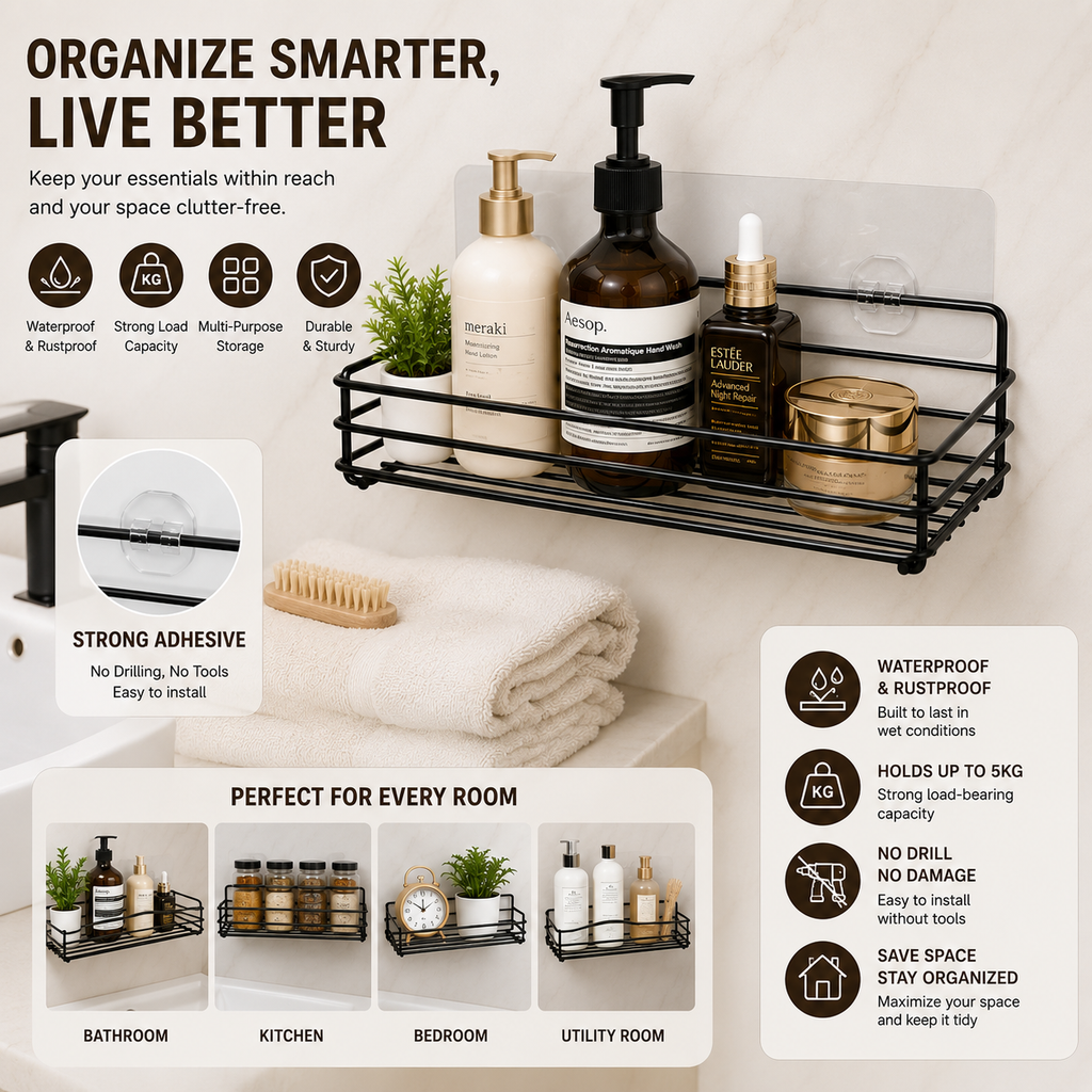 InstaMount Pro | Self-Adhesive Metal Wall Shelf — No Drill, No Nails, No Damage | Free COD