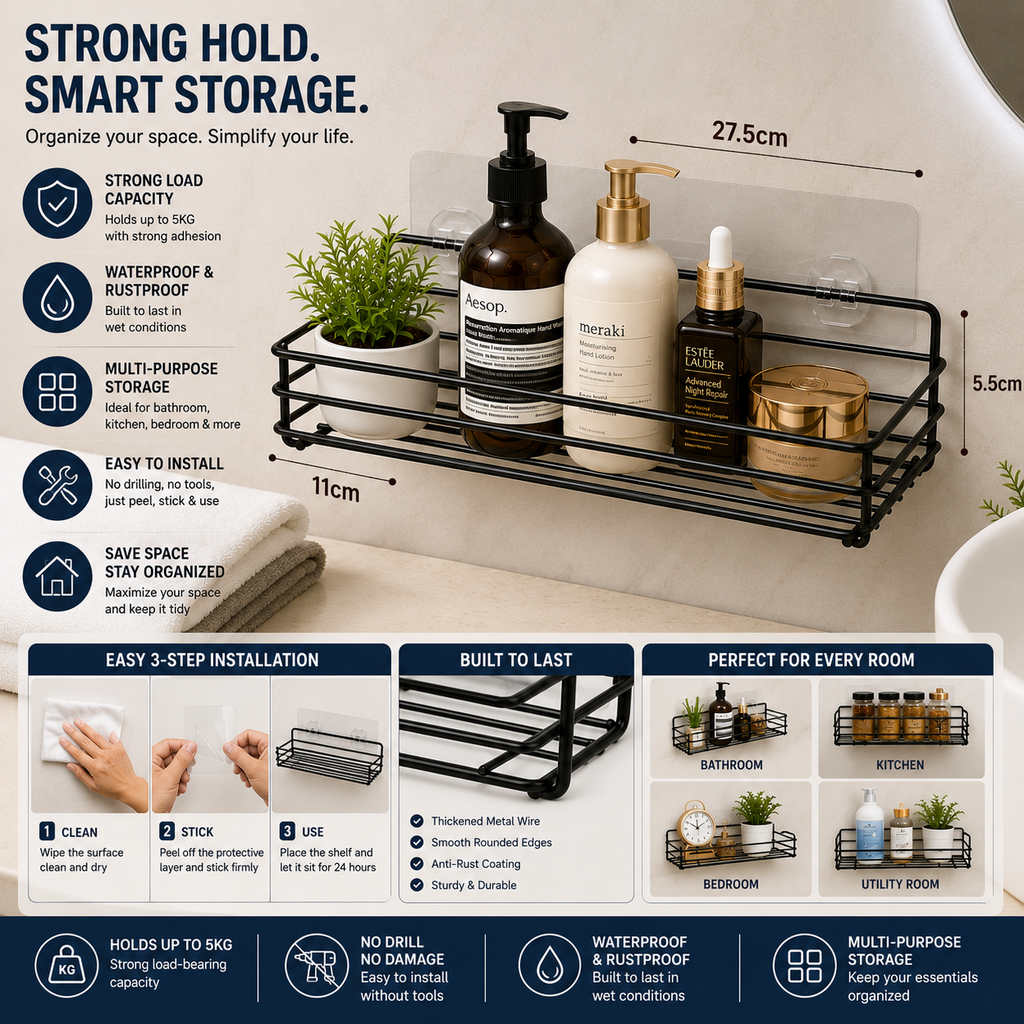 InstaMount Pro | Self-Adhesive Metal Wall Shelf — No Drill, No Nails, No Damage | Free COD