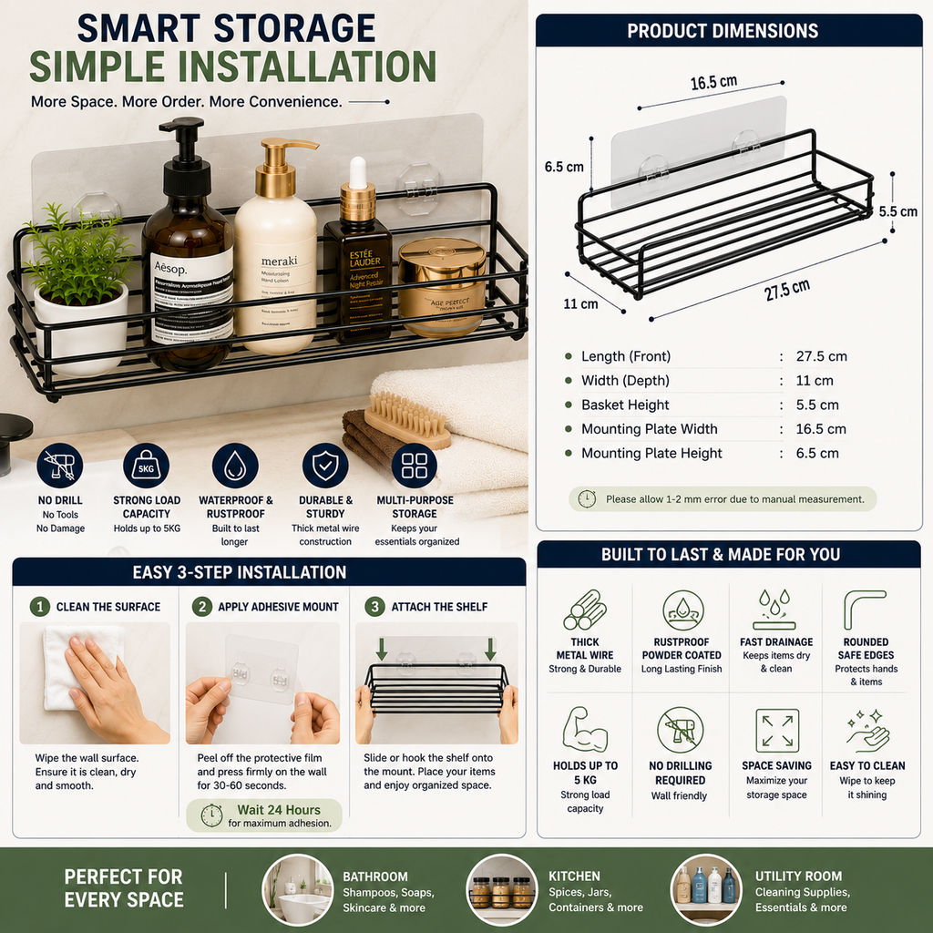 InstaMount Pro | Self-Adhesive Metal Wall Shelf — No Drill, No Nails, No Damage | Free COD