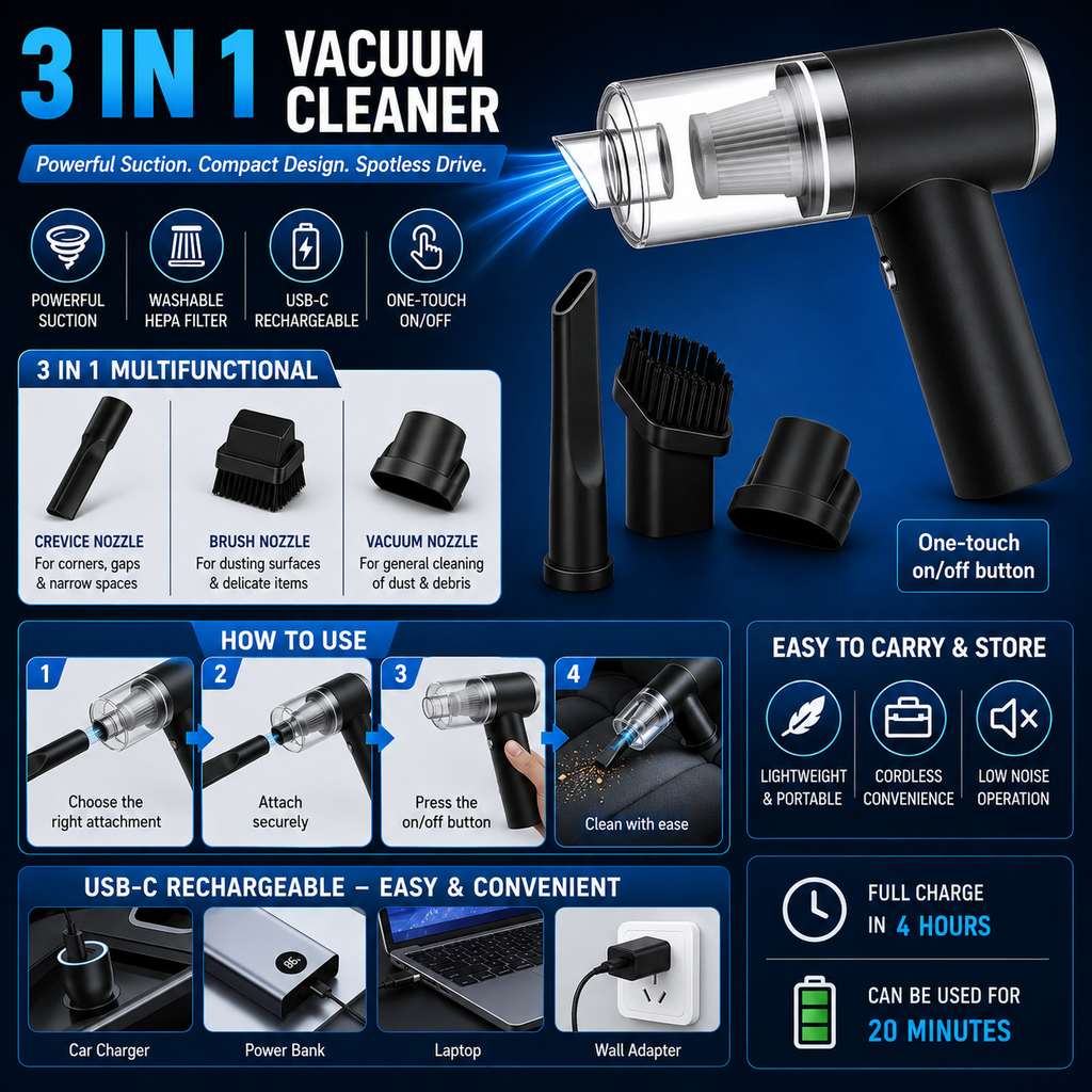 Wireless Vacuum Cleaner – Portable 3-in-1 For Car & Home
