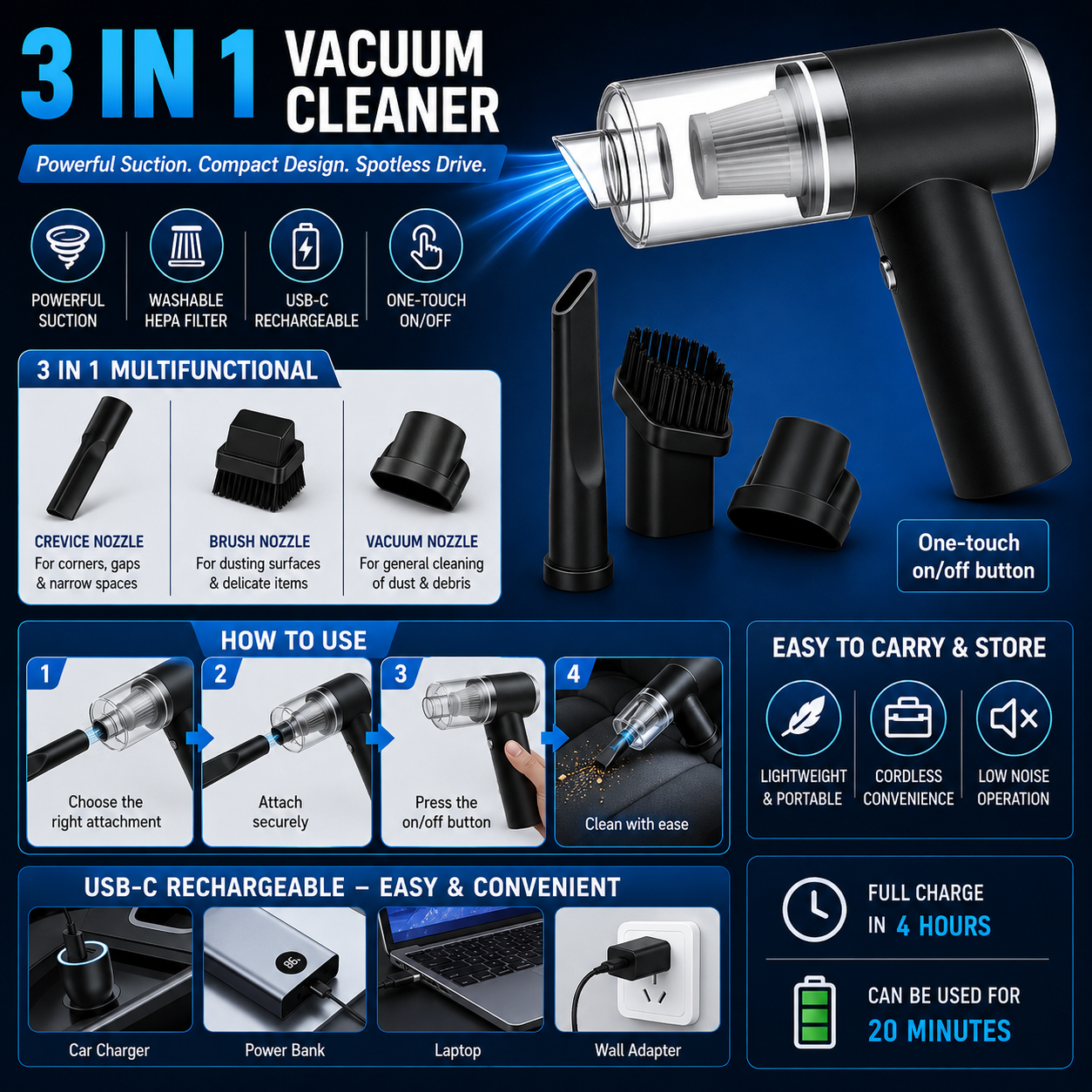 Wireless Car Vacuum Cleaner – Portable 3-in-1 Dust Buster