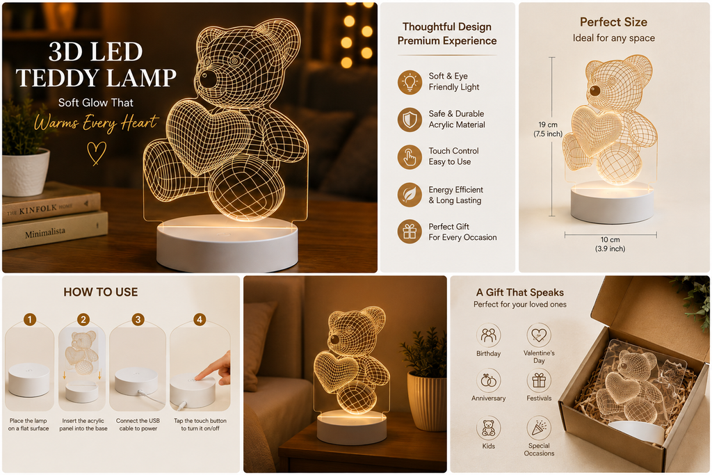3D Teddy Bear Night Lamp with Heart – LED Illusion Table Lamp