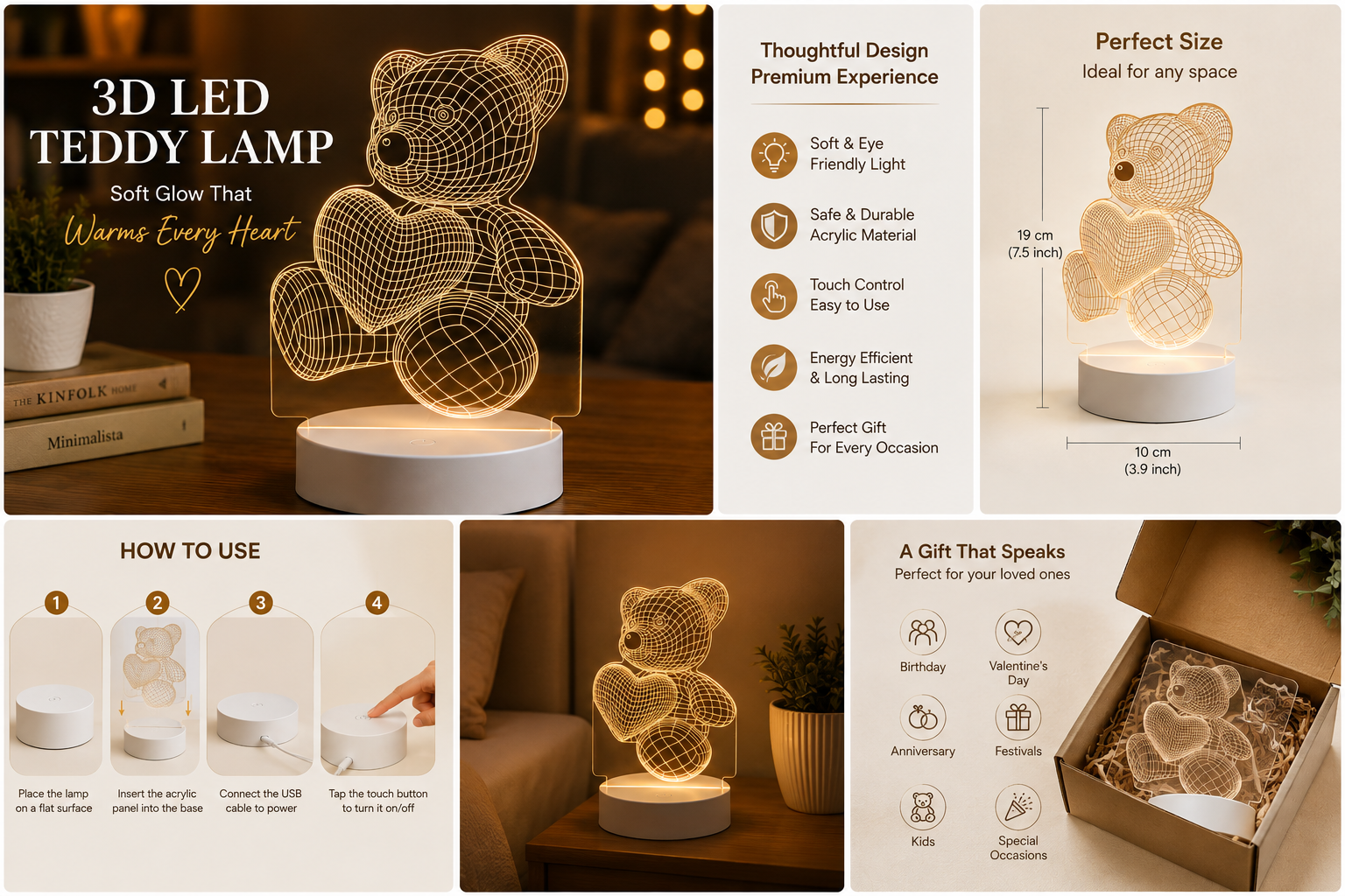 3D Teddy Bear Night Lamp with Heart – LED Illusion Table Lamp