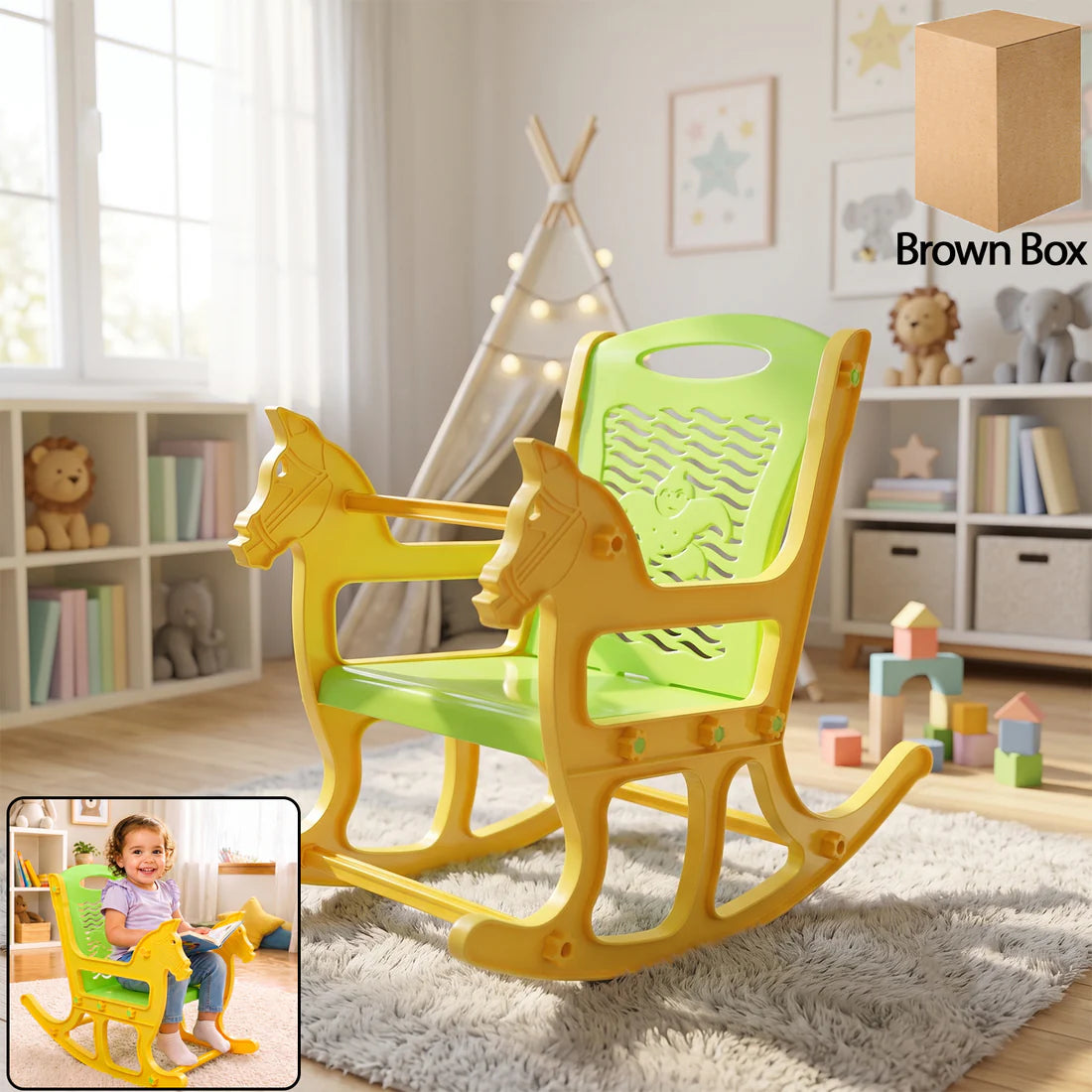 Kids Plastic Horse Rocking Chair, Baby Rocker Seat with Backrest (1 Pc)
