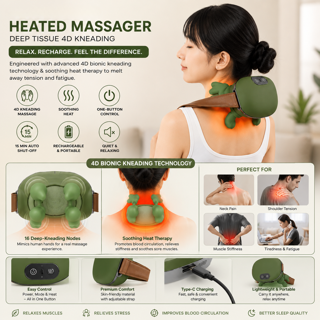Neck & Shoulder Massager – Rechargeable Kneading with Heat Therapy